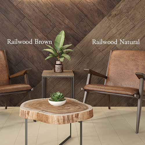 Railwood Natural & Brown WoodLook Tile Plank on Wall